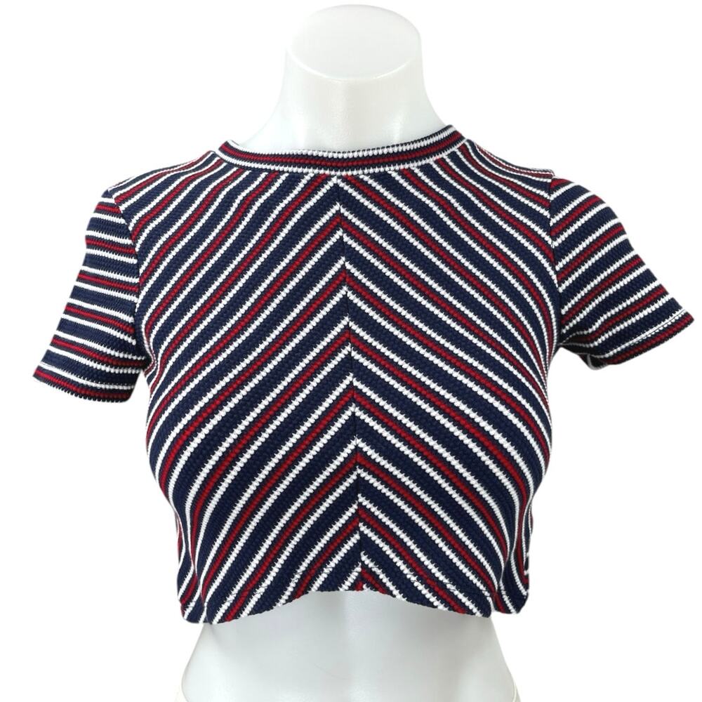 Zara Blue Red White Striped Chevron  Short Sleeve Crop Top Tee T-Shirt Size S